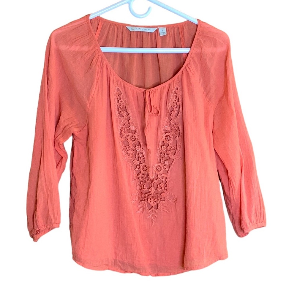 Lauren Conrad Coral Color Boho Peasant Blouse, Embellished Front. 3/4 sleeve